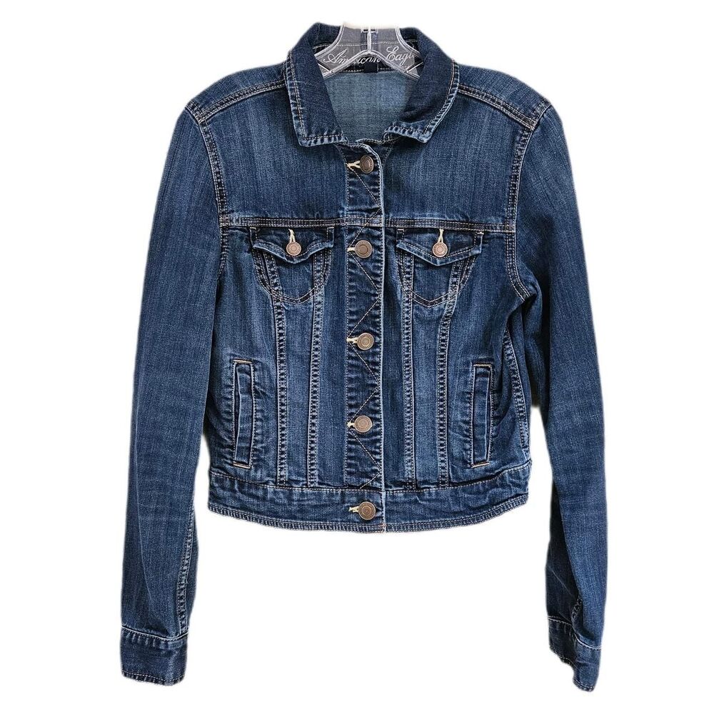 american eagle boho indie dark wash cropped denim jacket